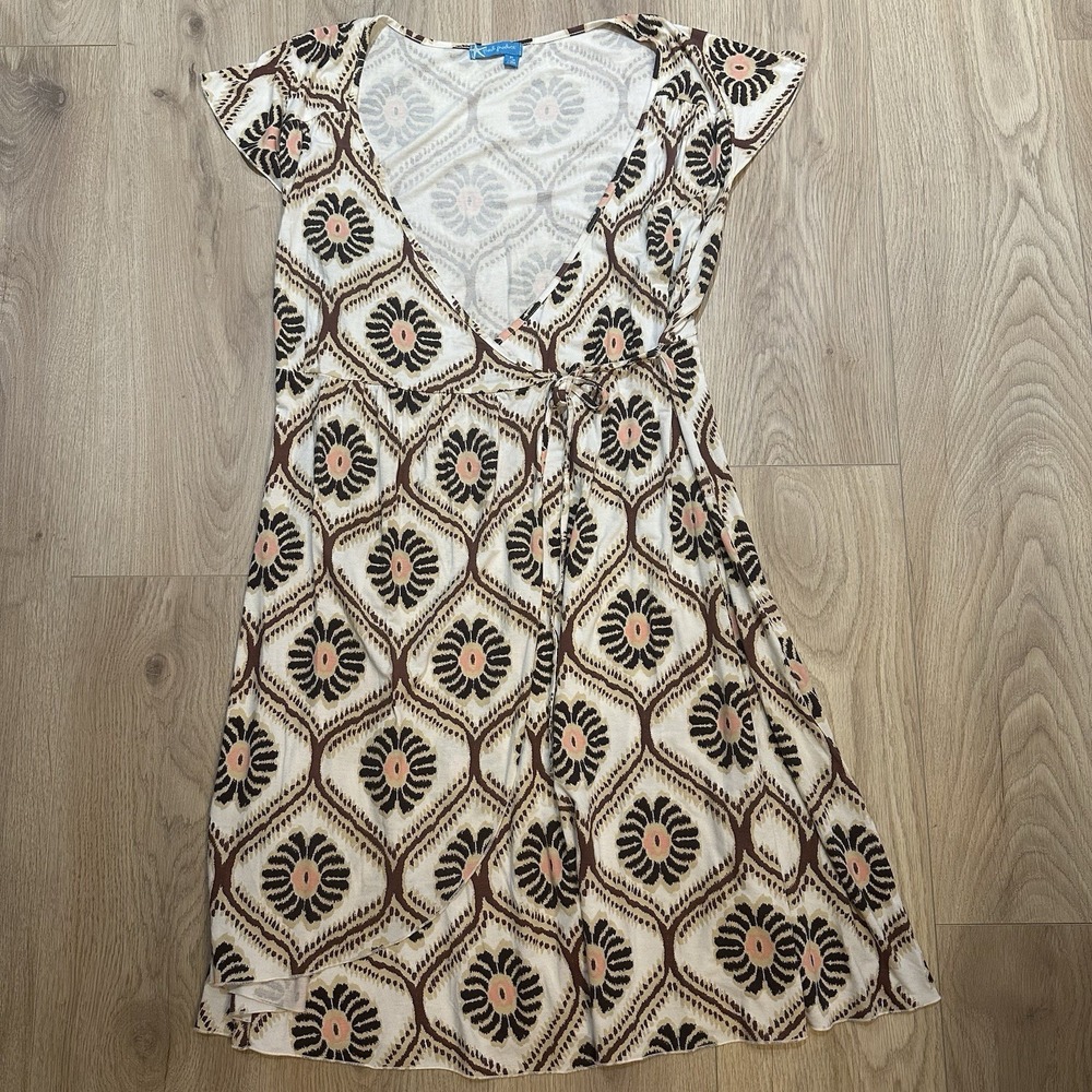 Fresh Produce Figi Print ‎ Wrap Dress Sz XLV Neck Knee Length Cap Slv Blue Soft